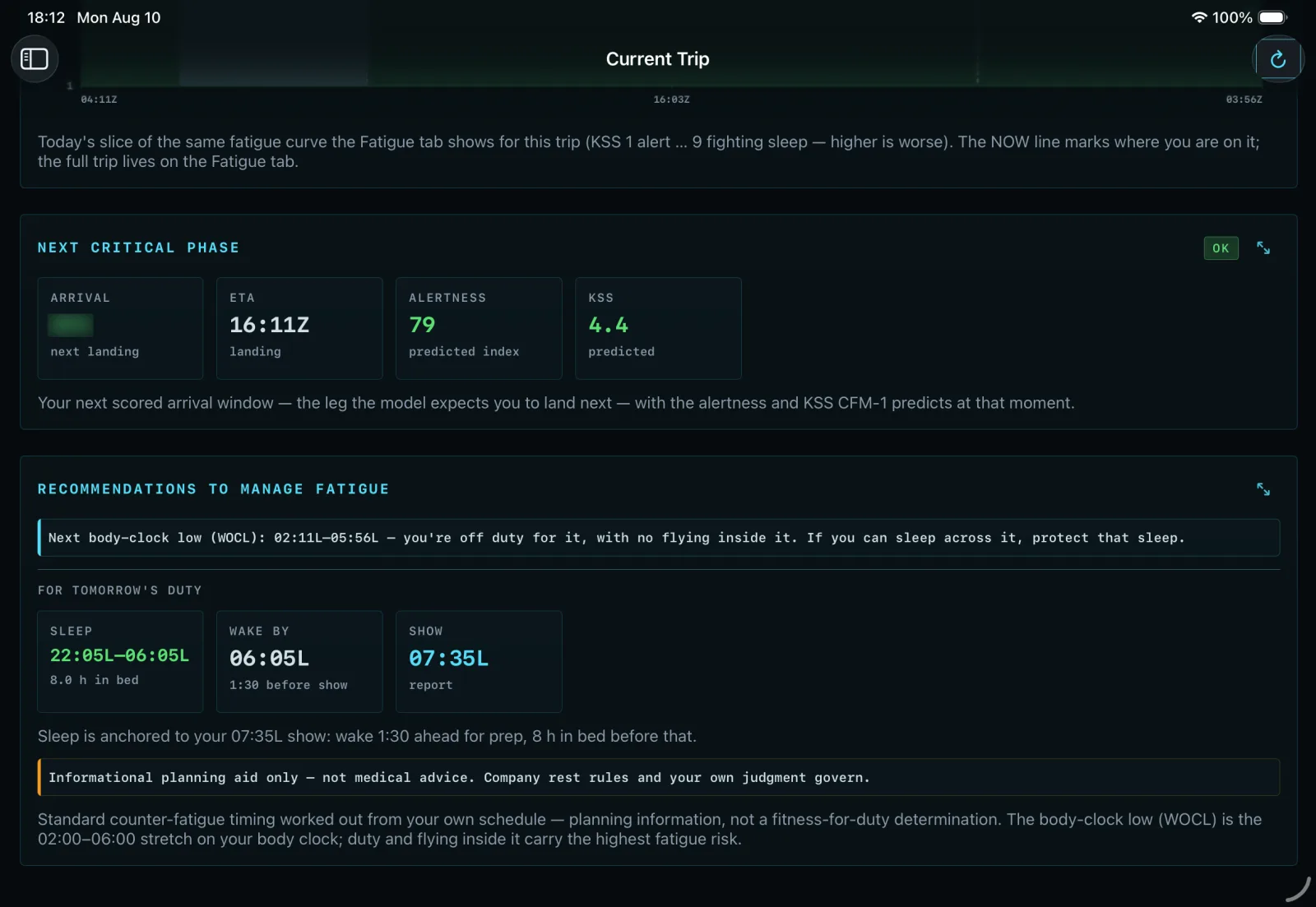 CrewCalc fatigue planning: next critical arrival with predicted alertness, the coming body-clock low, and a sleep and wake window anchored to report time